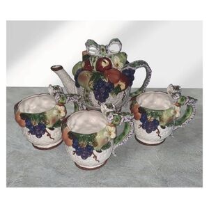 Tea For 3~Vintage 1970’s Colorful Fruit In A Basket~Ceramic Tea Pot & Three Cups